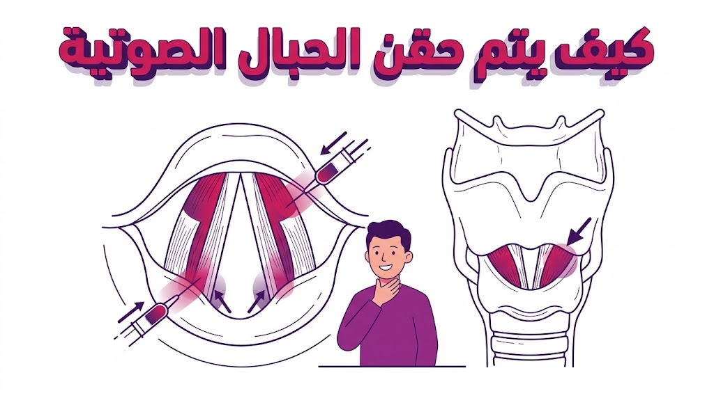 مخطط إنفوجرافيك تعليمي يوضح التشريح الداخلي وتفاصيل كيف يتم حقن الحبال الصوتية بأسلوب الفيكتور.