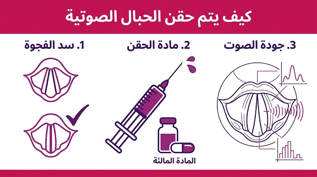  بوستر إنفوجرافيك طبي يشرح ثلاث مراحل أساسية توضح كيف يتم حقن الحبال الصوتية.
