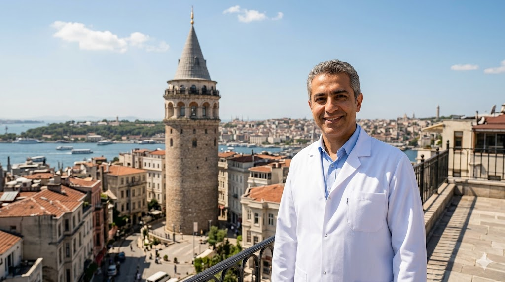  طبيب متخصص في زراعة شعر للجبهه الكبيره يقف أمام برج غالاتا في اسطنبول كوجهة رائدة للسياحة العلاجية.