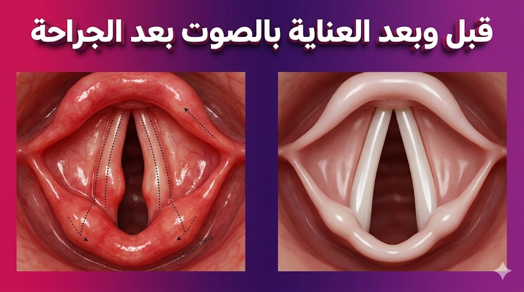مقارنة واقعية تظهر الحبال الصوتية قبل وبعد العناية بالصوت بعد الجراحة مع توضيح مراحل الشفاء.