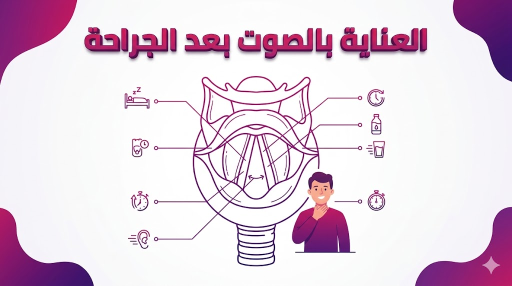 إنفوجرافيك طبي يوضح التشريح الداخلي للحنجرة وأهمية العناية بالصوت بعد الجراحة للتعافي السليم.
