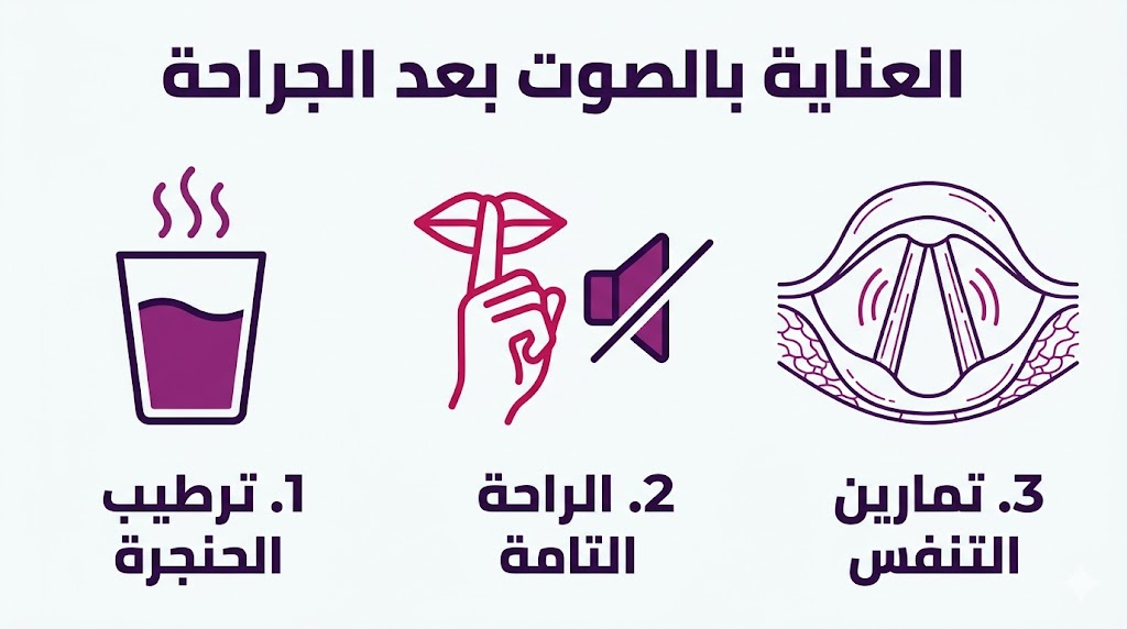 بوستر تعليمي مقسم لثلاثة أقسام يشرح ترطيب الحنجرة والراحة الصوتية كجزء من العناية بالصوت بعد الجراحة.