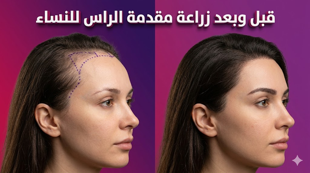 مقارنة قبل وبعد تظهر نتائج زراعة مقدمة الراس للنساء وتعديل خط الشعر بدقة احترافية.
