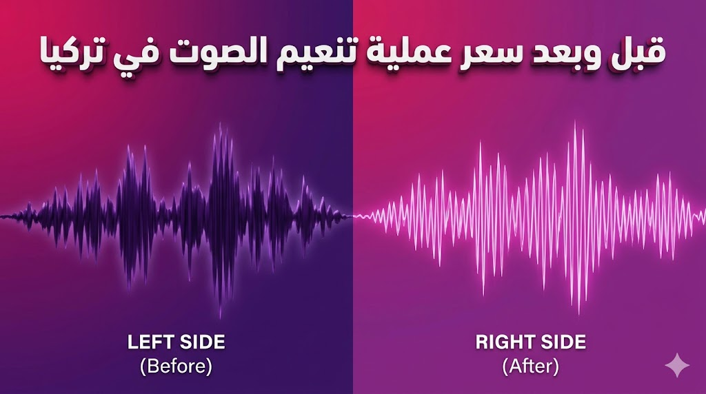  مقارنة مرئية قبل وبعد سعر عملية تنعيم الصوت في تركيا توضح التحول من الترددات الصوتية العميقة إلى النبرة الناعمة.
