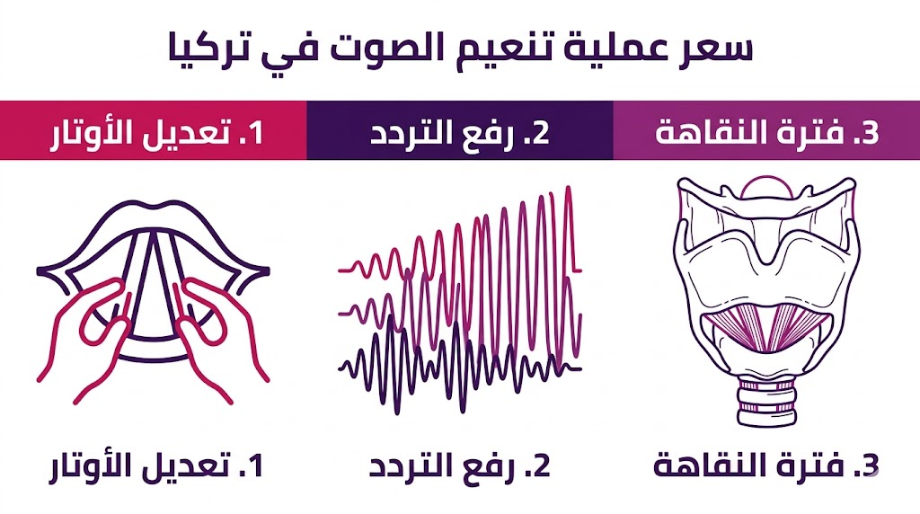  إنفوجرافيك طبي يوضح مراحل الإجراء الطبي وفترة التعافي المتعلقة بـ سعر عملية تنعيم الصوت في تركيا.