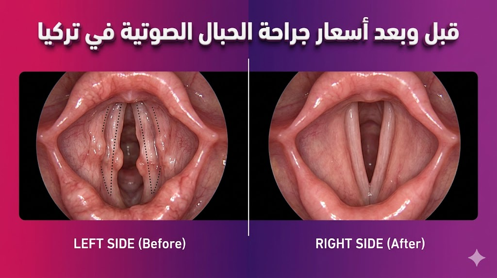  مقارنة قبل وبعد توضح نتائج أسعار جراحة الحبال الصوتية في تركيا من خلال منظار الحنجرة الطبي.