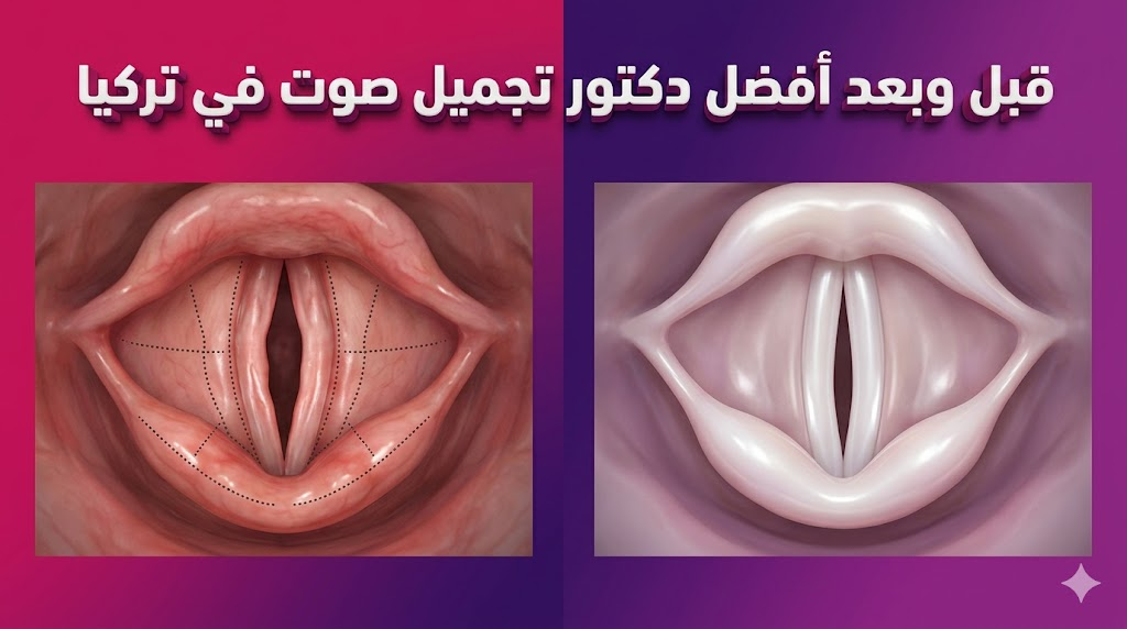  مقارنة قبل وبعد تظهر تحسن حالة الأحبال الصوتية، مما يعكس مهارة أفضل دكتور تجميل صوت في تركيا في تحقيق نتائج طبيعية.