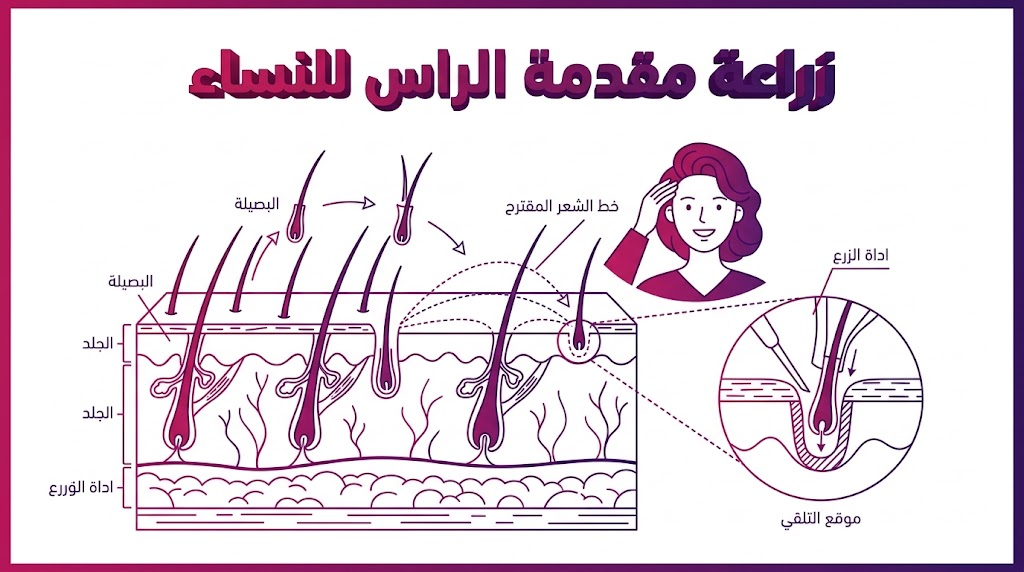  إنفوجرافيك تعليمي يوضح العلم وراء زراعة مقدمة الراس للنساء وتثبيت البصيلات في فروة الرأس.