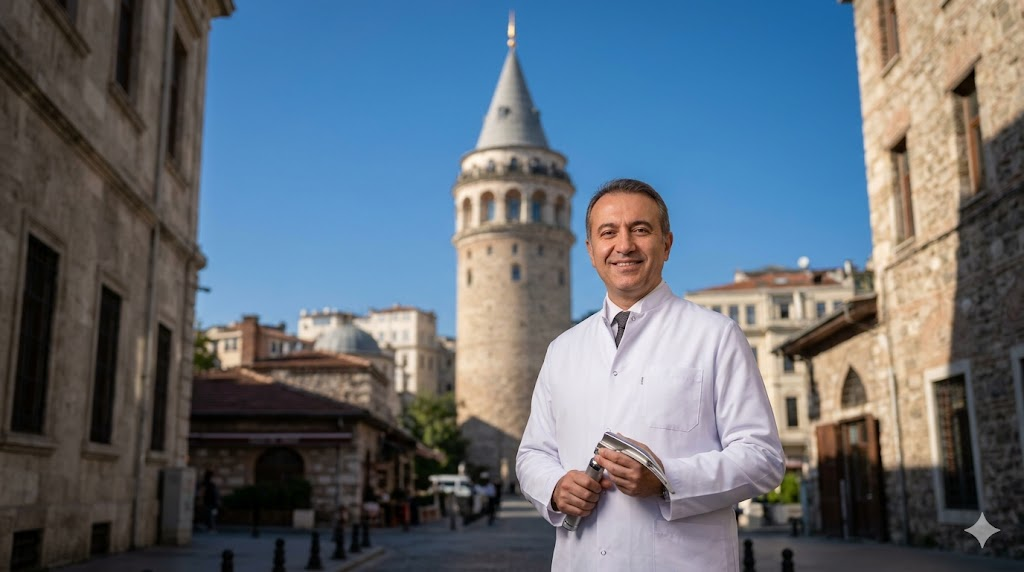 جراح تجميل متخصص يقف أمام برج غالاتا في اسطنبول، ليمثل وجهة السياحة العلاجية للبحث عن أفضل دكتور تجميل صوت في تركيا.