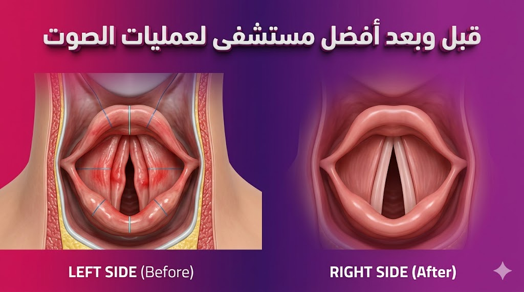 مقارنة قبل وبعد تظهر تحسن حالة الأحبال الصوتية بعد العلاج في أفضل مستشفى لعمليات الصوت.