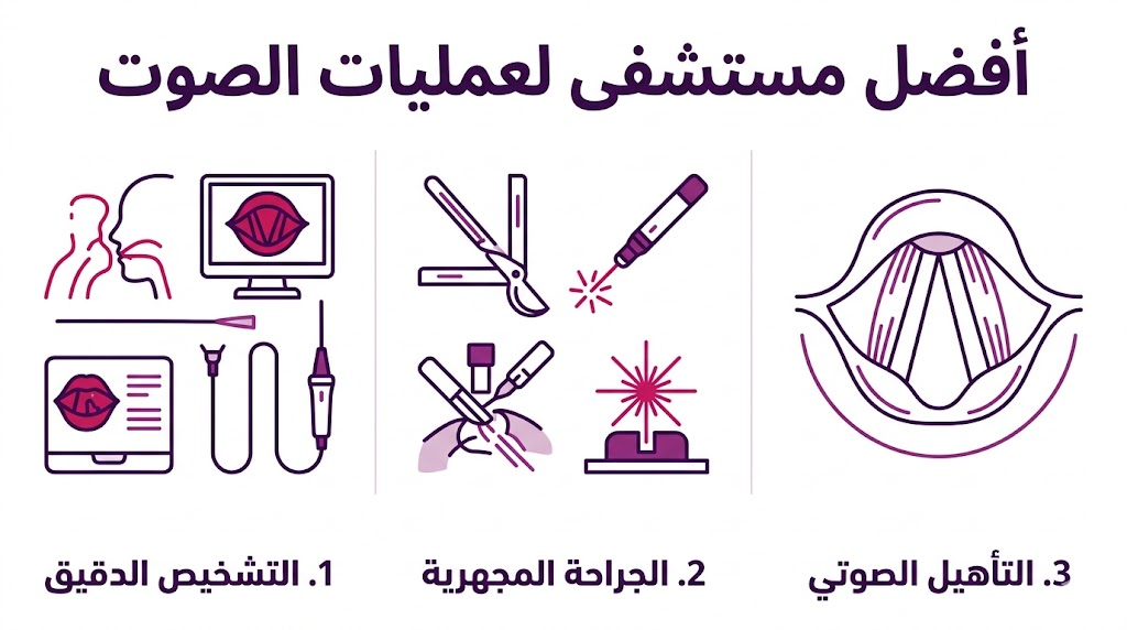 إنفوجرافيك تعليمي يوضح مراحل العلاج الثلاث في أفضل مستشفى لعمليات الصوت.