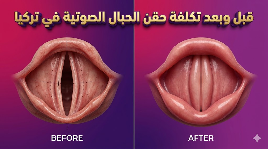  مقارنة قبل وبعد توضح نتائج العملية وتأثير تكلفة حقن الحبال الصوتية في تركيا على كفاءة الحنجرة.