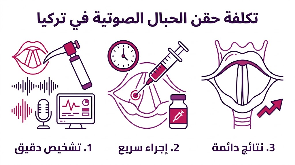  إنفوجرافيك طبي يوضح مراحل العملية وتفاصيل تكلفة حقن الحبال الصوتية في تركيا بشكل مبسط.