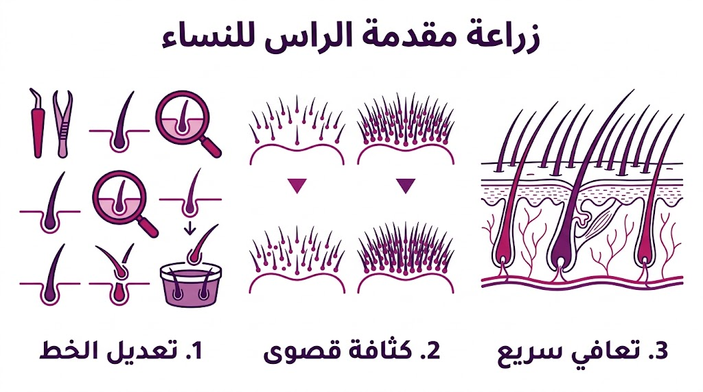  مخطط إنفوجرافيك يشرح مراحل زراعة مقدمة الراس للنساء من تعديل الخط إلى الكثافة والتعافي.