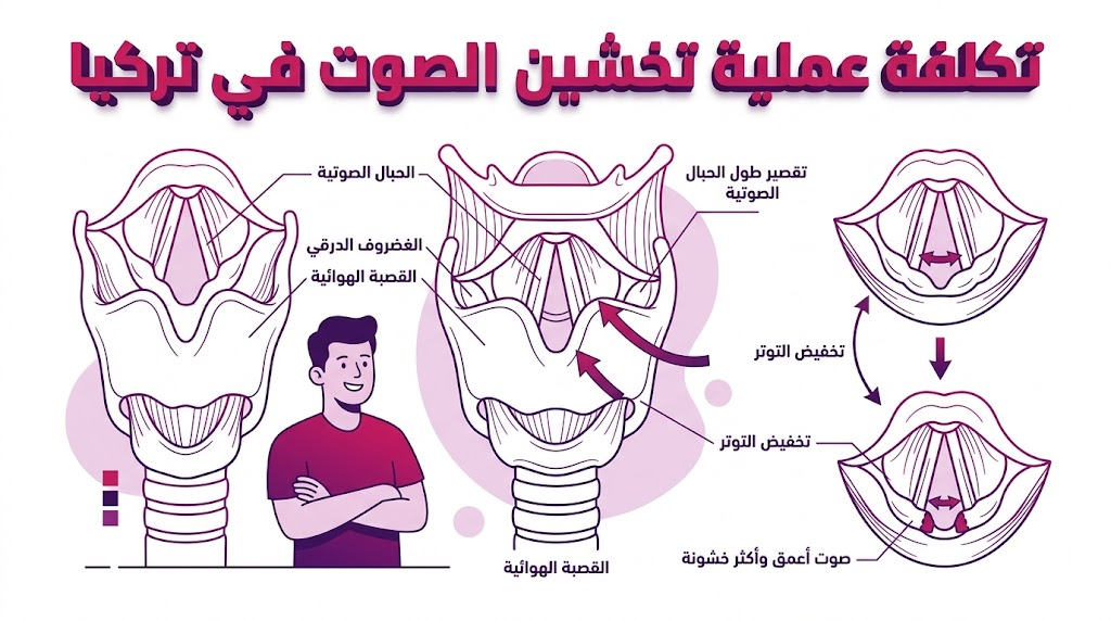  مخطط تشريحي يوضح آلية عمل الأحبال الصوتية ضمن سياق تكلفة عملية تخشين الصوت في تركيا.