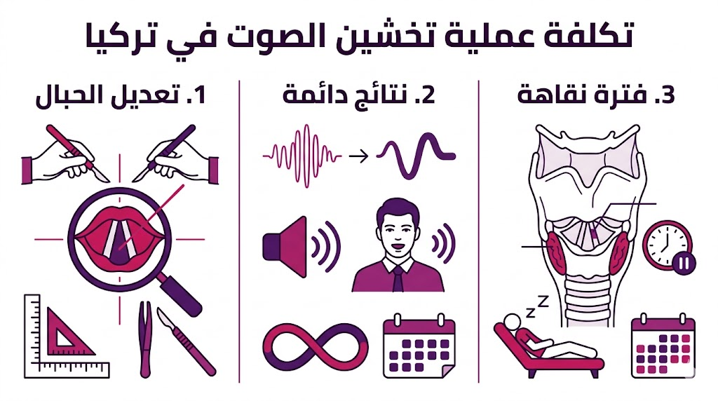 إنفوجرافيك تعليمي يستعرض مراحل ونتائج تكلفة عملية تخشين الصوت في تركيا بشكل مبسط.