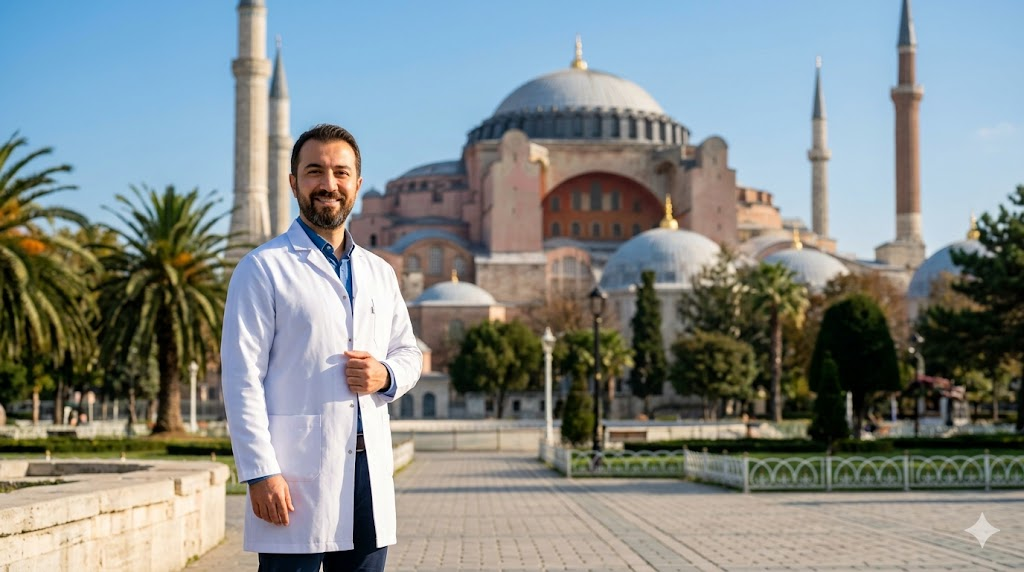 طبيب مختص في اسطنبول يقدم خدماته المتعلقة بـ تكلفة عملية تخشين الصوت في تركيا أمام معلم آيا صوفيا.