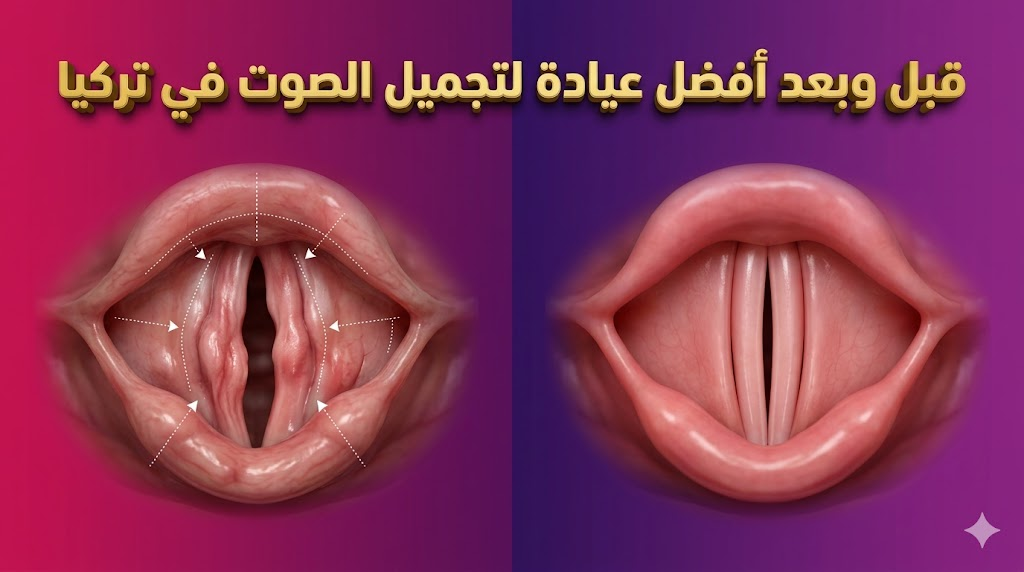  مقارنة قبل وبعد جراحة الأحبال الصوتية في أفضل عيادة لتجميل الصوت في تركيا.