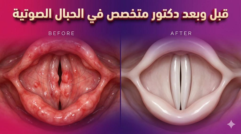 مقارنة قبل وبعد تظهر نجاح العملية التي أجراها دكتور متخصص في الحبال الصوتية لعلاج العقيدات الصوتية.