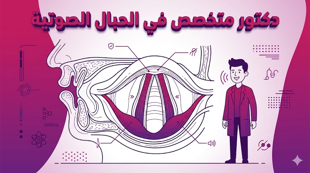  إنفوجرافيك تعليمي يوضح تشريح الحنجرة والأوتار الصوتية كما يشرحه دكتور متخصص في الحبال الصوتية.