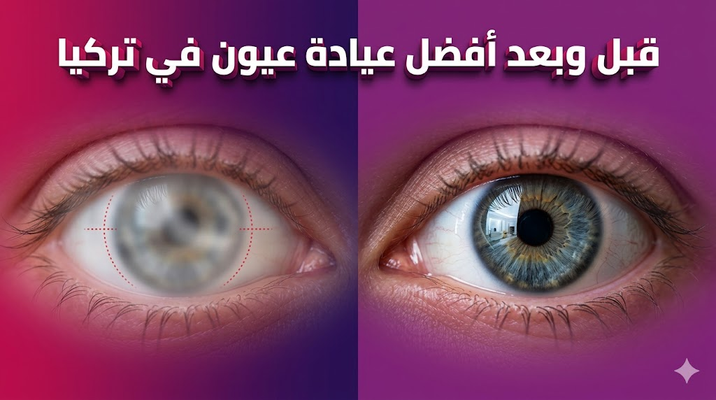 مقارنة قبل وبعد لعلاج الرؤية توضح دقة النتائج في أفضل عيادة عيون في تركيا مع مخططات طبية.