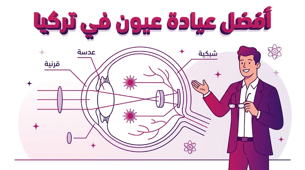  انفوجرافيك تشريحي يوضح هيكل العين الداخلي والتقنيات المستخدمة في أفضل عيادة عيون في تركيا.