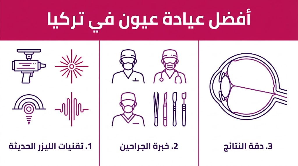 بوستر إنفوجرافيك طبي يبرز مميزات أفضل عيادة عيون في تركيا من تقنيات وخبرات طبية.