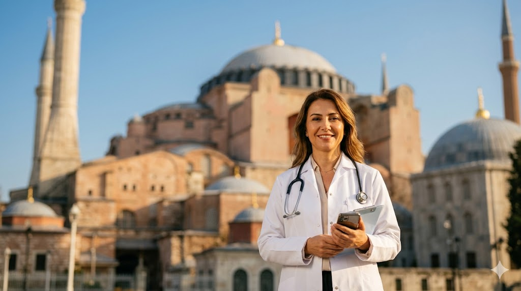 طبيب عيون متميز يقف أمام جامع آيا صوفيا التاريخي بإسطنبول، ممثلاً لخدمات أفضل عيادة عيون في تركيا.