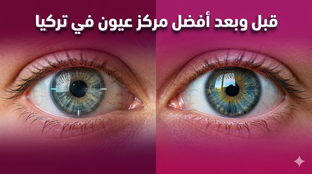 صورة قبل وبعد توضح نتائج تصحيح النظر في أفضل مركز عيون في تركيا مع علامات جراحية دقيقة.