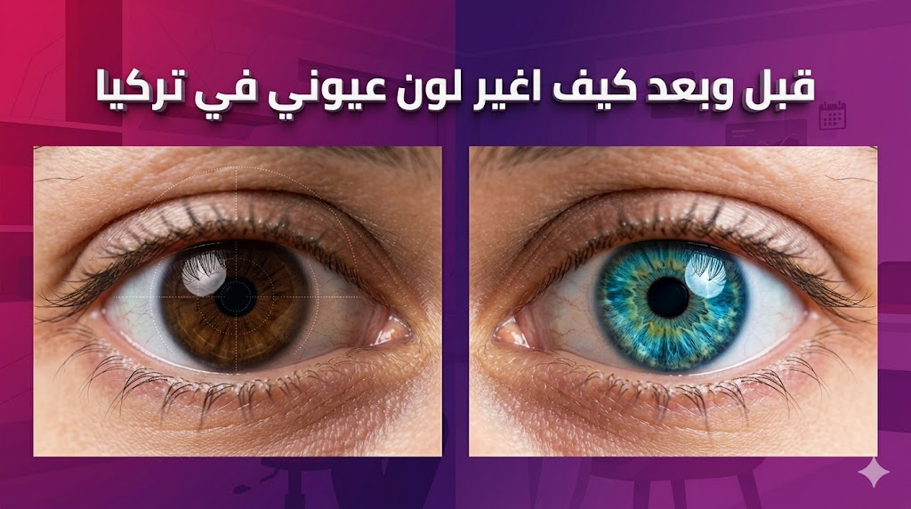 صورة واقعية توضح نتائج قبل وبعد كيف اغير لون عيوني في تركيا مع تحول اللون البني إلى أزرق مخضر.