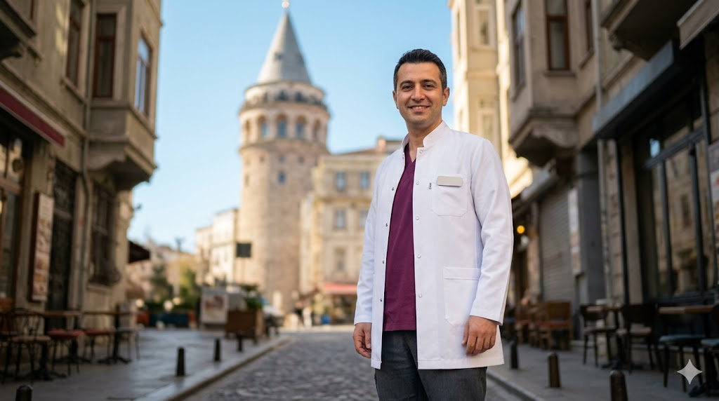 طبيب عيون متميز يقف أمام برج غالاتا في إسطنبول، ممثلاً لخدمات أفضل مركز عيون في تركيا.