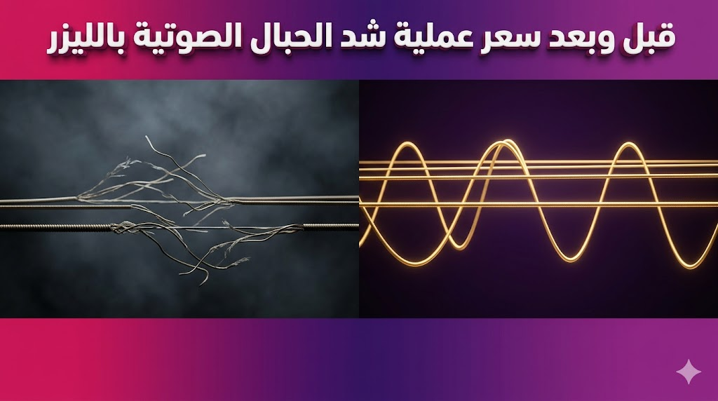  مقارنة رمزية توضح نتائج ما قبل وبعد سعر عملية شد الحبال الصوتية بالليزر من خلال أوتار موسيقية متناغمة.