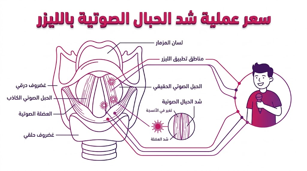 مخطط تشريحي تعليمي يوضح تفاصيل الحنجرة وآلية سعر عملية شد الحبال الصوتية بالليزر بشكل علمي.