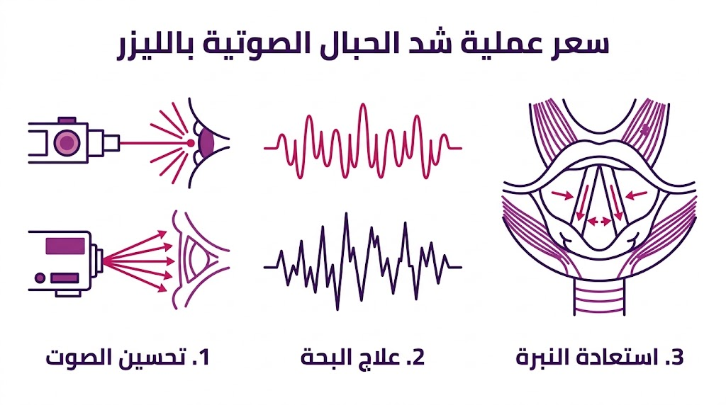  إنفوجرافيك طبي يوضح المزايا الثلاث الرئيسية المتعلقة بـ سعر عملية شد الحبال الصوتية بالليزر.