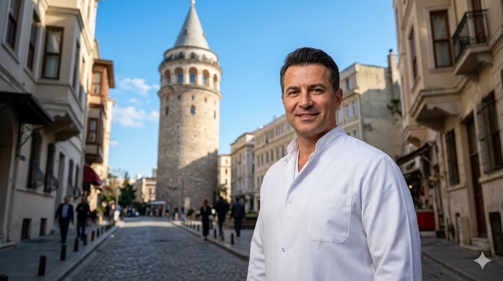  طبيب متخصص يقف أمام برج غالاتا في تركيا، يمثل الخبرة الطبية في إجراء سعر عملية شد الحبال الصوتية بالليزر.
