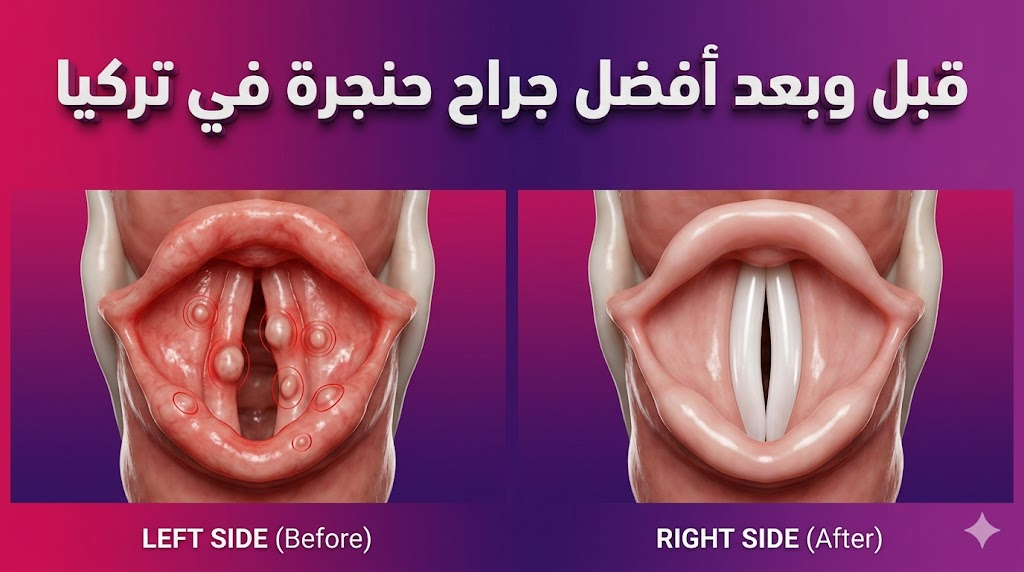 مقارنة قبل وبعد تظهر نجاح عملية جراحية لدى أفضل جراح حنجرة في تركيا على الأحبال الصوتية.