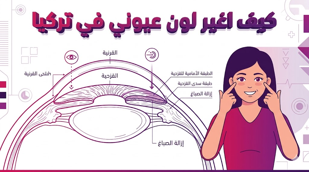 مخطط تشريحي يوضح العلم الكامن وراء كيف اغير لون عيوني في تركيا من خلال استهداف صبغة القزحية.