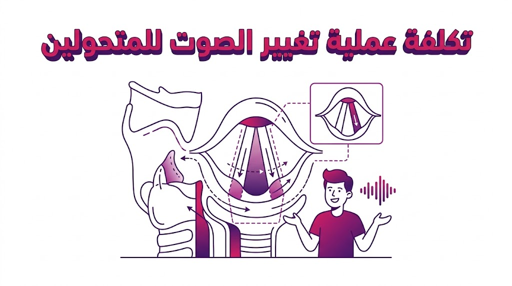 مخطط تشريحي يوضح التقنية العلمية و تكلفة عملية تغيير الصوت للمتحولين بأسلوب فني راقٍ.