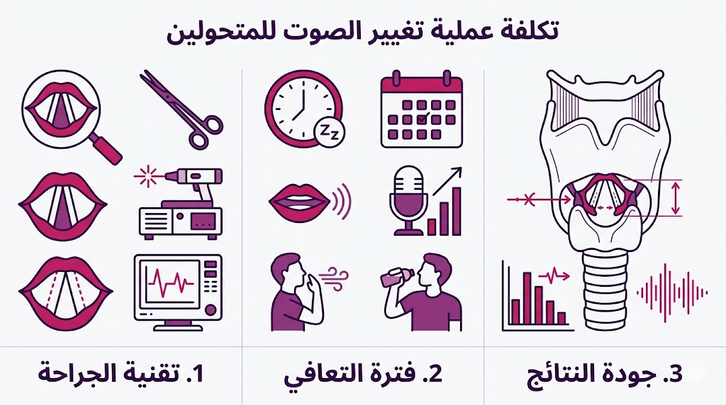 إنفوجرافيك تعليمي يستعرض مراحل و تكلفة عملية تغيير الصوت للمتحولين بشكل مبسط ومنظم.