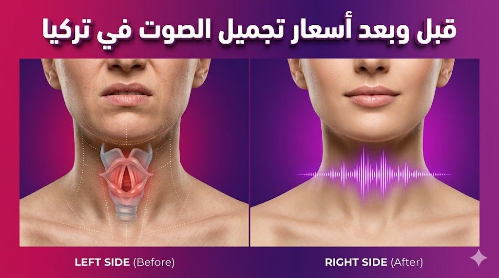 مقارنة قبل وبعد توضح نتائج أسعار تجميل الصوت في تركيا مع رسم بياني للأحبال الصوتية.