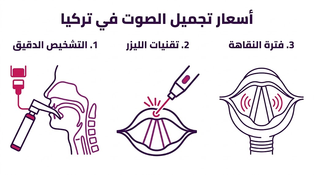 إنفوجرافيك طبي يوضح مراحل العملية وتأثير أسعار تجميل الصوت في تركيا على جودة النتائج.