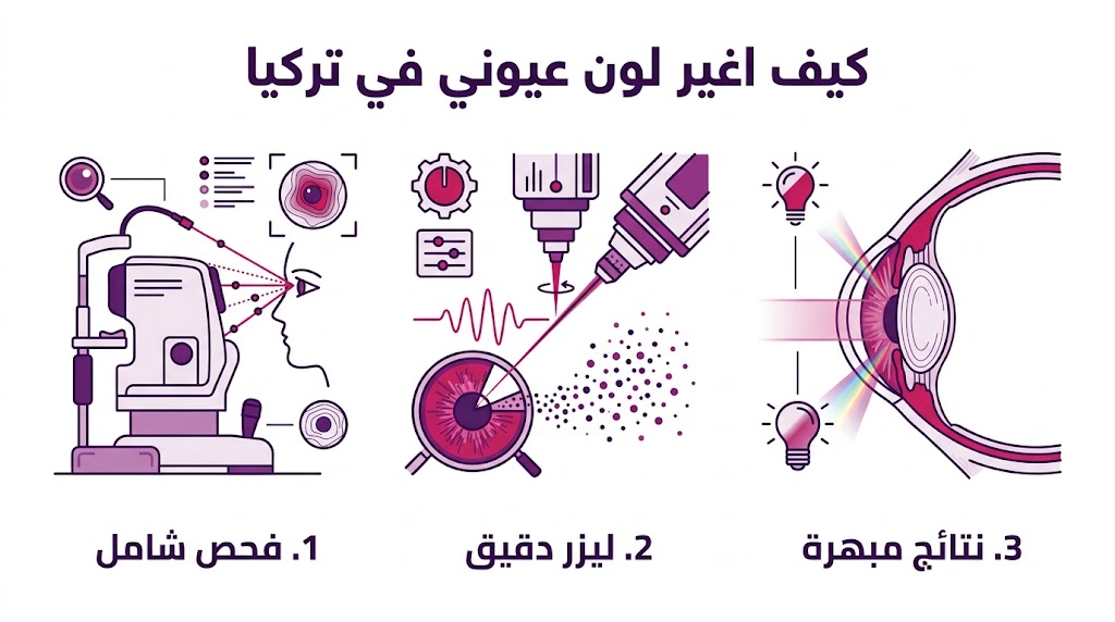  إنفوجرافيك طبي يوضح مراحل العملية لتعلم كيف اغير لون عيوني في تركيا بأسلوب علمي مبسط.