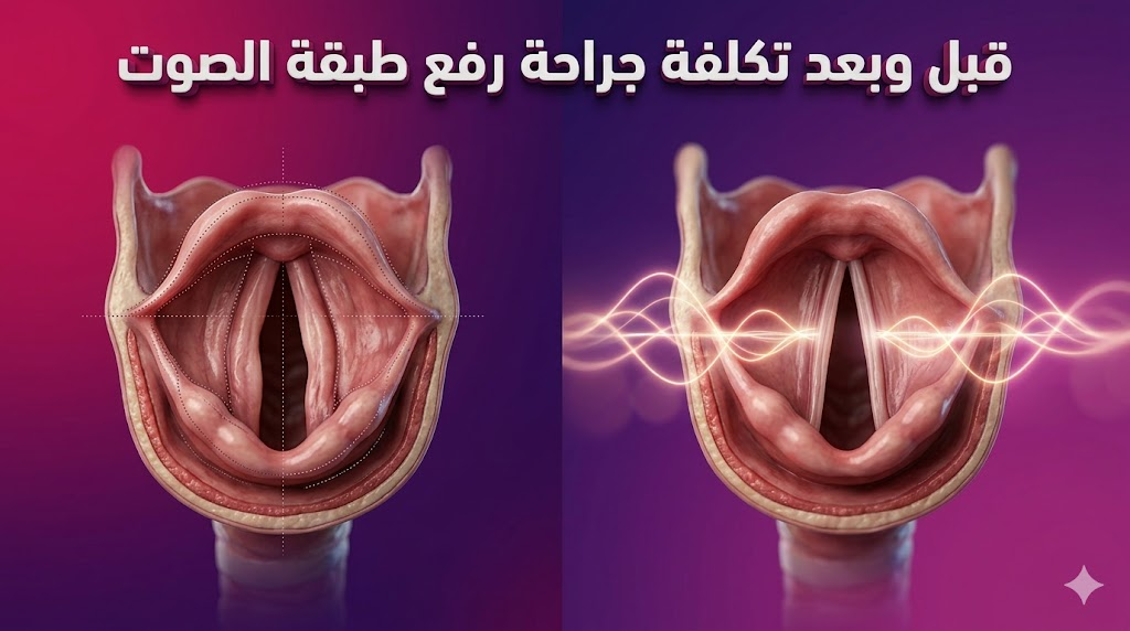 صورة مقارنة "قبل وبعد" توضح التغيير التشريحي في الحنجرة والأوتار بعد معرفة تكلفة جراحة رفع طبقة الصوت.