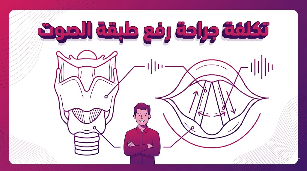 مخطط إنفوجرافيك طبي يوضح العلم وراء تكلفة جراحة رفع طبقة الصوت وكيفية تعديل الأوتار الصوتية.