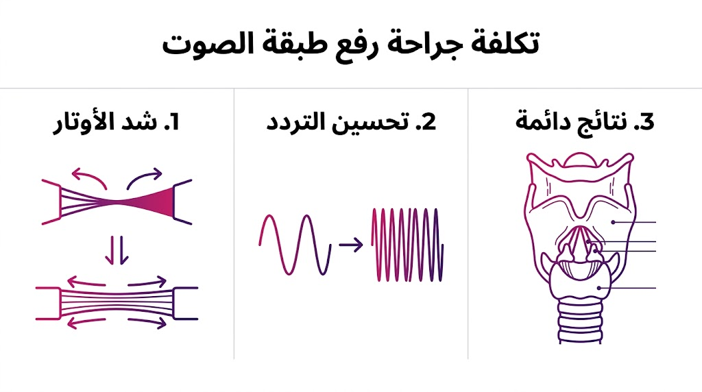 بوستر إنفوجرافيك طبي يشرح ثلاثة جوانب أساسية تتعلق بـ تكلفة جراحة رفع طبقة الصوت ونتائجها.