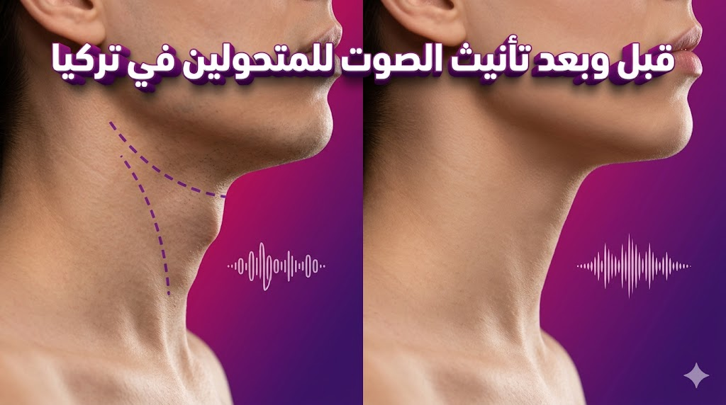 مقارنة قبل وبعد تظهر نتائج جراحة تأنيث الصوت للمتحولين في تركيا مع تحسن مظهر الرقبة ونبرة الصوت.