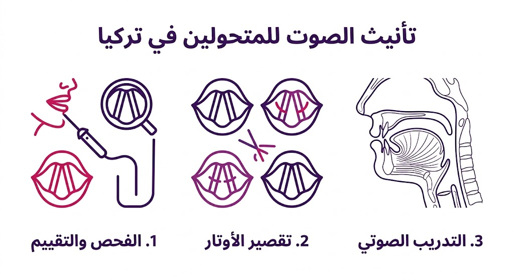  إنفوجرافيك طبي يشرح مراحل تأنيث الصوت للمتحولين في تركيا من الفحص إلى التدريب.