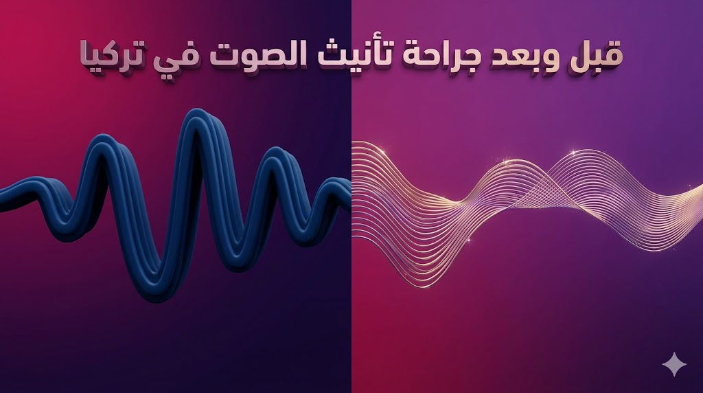 مقارنة مرئية لترددات الصوت قبل وبعد جراحة تأنيث الصوت في تركيا توضح التحول من النبرة العميقة إلى الأنثوية.