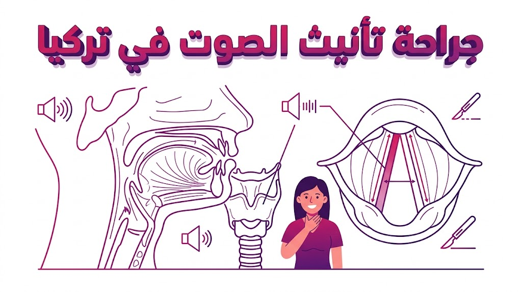 إنفوجرافيك طبي يوضح التشريح الداخلي للحنجرة وتقنيات جراحة تأنيث الصوت في تركيا بأسلوب الرسم الهندسي.