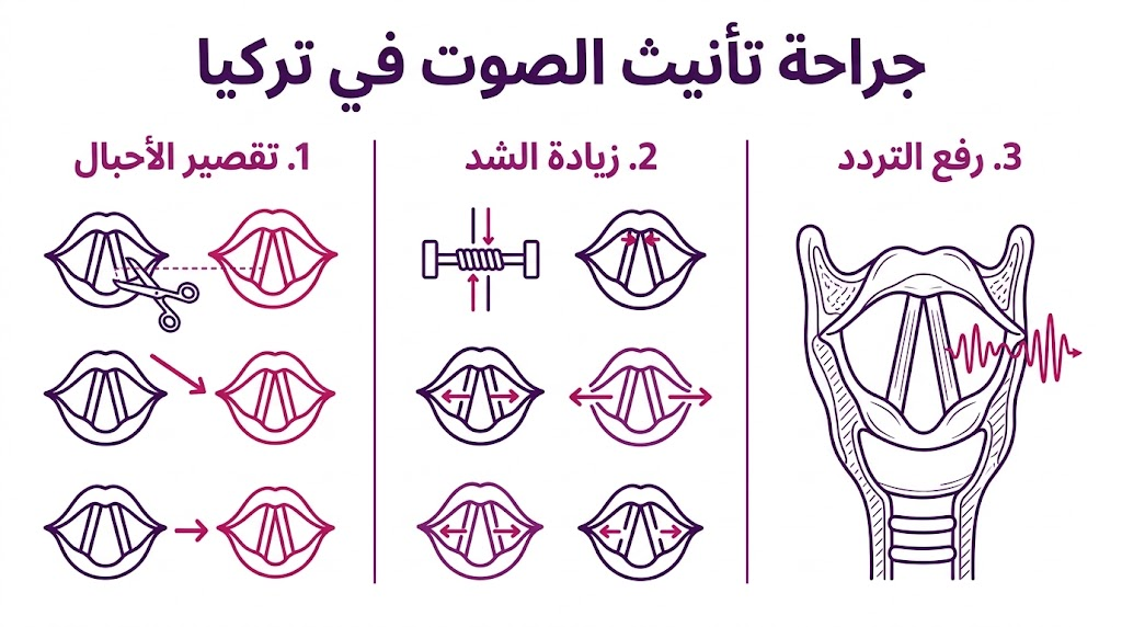  بوستر إنفوجرافيك تعليمي يشرح الخطوات الثلاث الرئيسية في عملية جراحة تأنيث الصوت في تركيا.